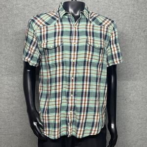 Lucky Brand Mens L Green Blue Plaid Pearl Snap Classic Fit Short Sleeve Shirt